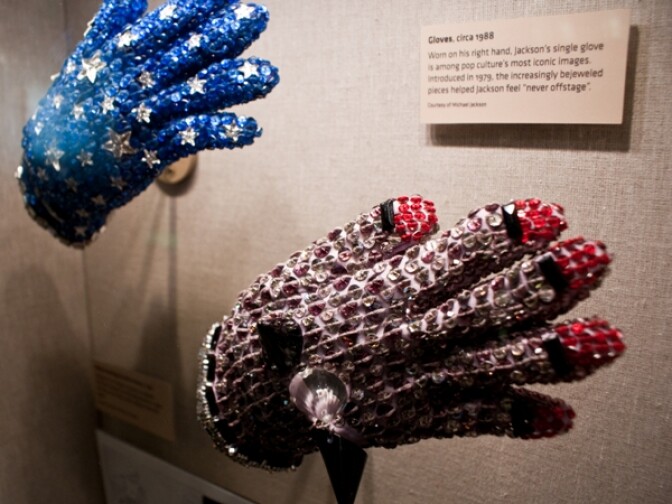 MJ's gloves circa 1988.
Worn on his right hand, Jackson's single glove is among pop cultures most iconic images. Introduced in 1979, the increasingly bejeweled pieces helped Jackson feel "never offstage."