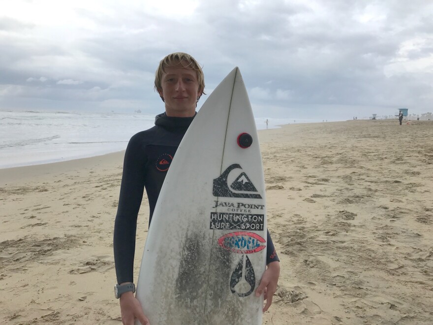 Fifteen-year-old Griffin Foy is among competing in an international contest remotely through a small, flat disc called a Trace that's attached to his surfboard.
