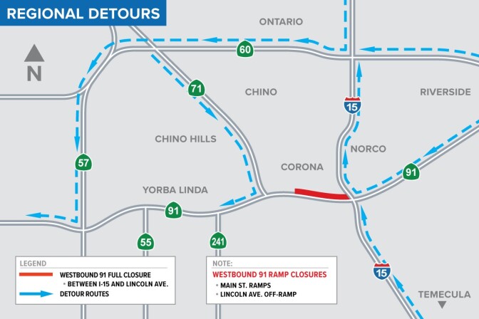 A graphical map shows full closure in red and detours in blue