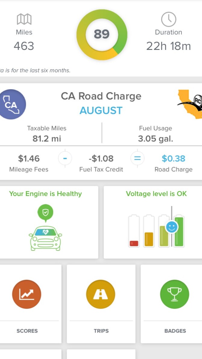 The state's road charge app shows mock charges for mileage driven and displays information about a driver's car.