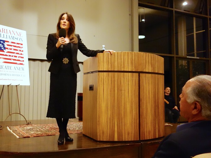 Marianne Williamson, independent candidate for Congress in the 33rd District, speaks to an audience in Palos Verdes