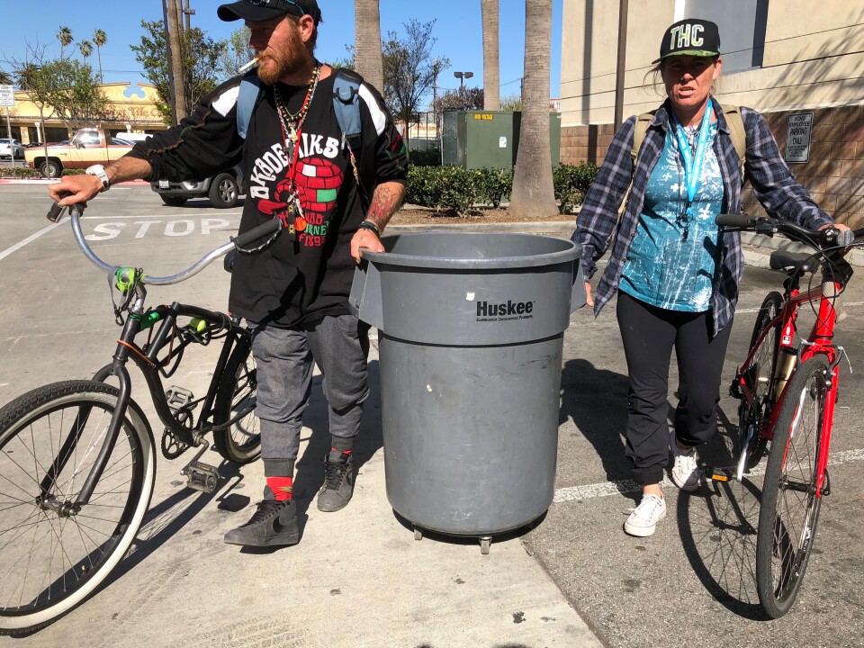 Robbin Nugent was asked to leave a Santa Monica shelter for not utilizing her bed enough, so she packed her belongings into a rolling trash can. Nugent is pregnant with twins.