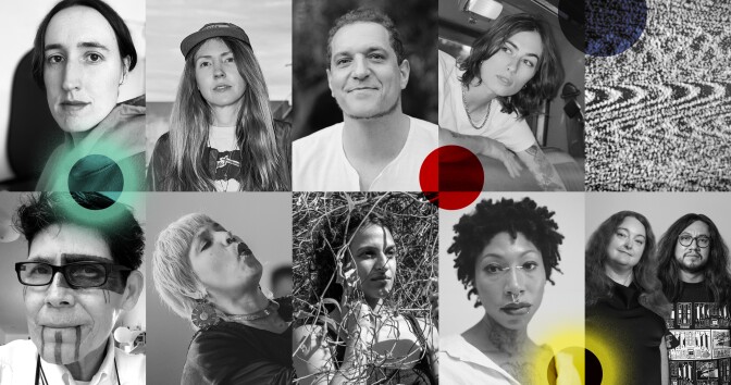 A black and white composite of 10 musician headshots. There are three circles overlayed across the composite. On the far left is a circle with a green aura. On the middle right is a red circle. And on the bottom right is a circle with a yellow aura.