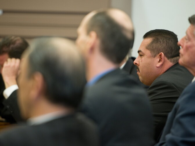 Former Fullerton police Cpl. Jay Cicinelli, far left, and former officer Manuel Ramos, second from right, listen to the verdicts in their murder trial of Kelly Thomas. Both were found not guilty of killing homeless man Kelly Thomas Monday. Ramos' attorney John Barnett  is at far right.

POOL PHOTO, MINDY SCHAUER, ORANGE COUNTY REGISTER