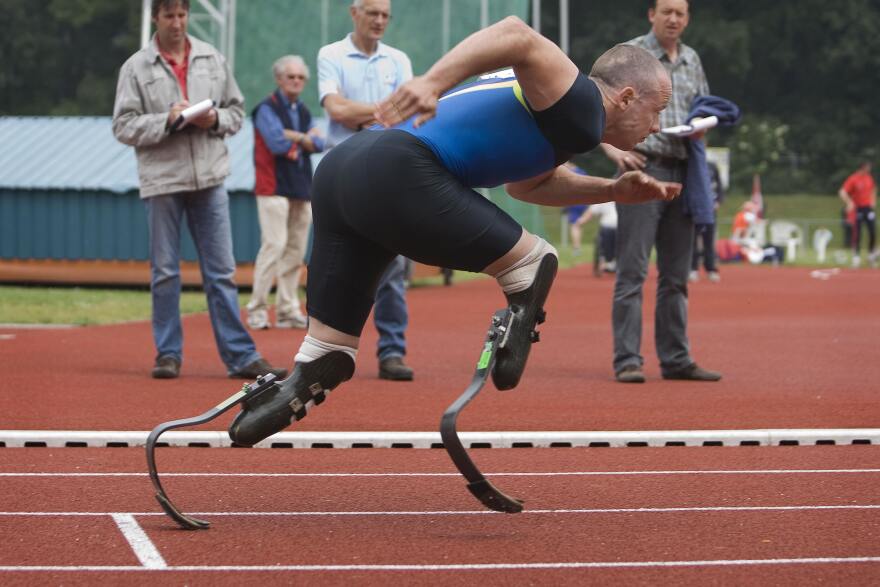 South African athlete Oscar Pistorius runs during a training session on the track of Emmeloord on June 1, 2008. Double amputee Pistorius, who aims to compete against able-bodied athletes at the Beijing Olympics, won a 200m paralympic meeting in the Dutch city of Emmeloord on May 31 using his specially-adapted carbon fibre blades. AFP PHOTO/ANP/GERLINDE SCHRIJVER/Netherlands out - Belgium out (Photo credit should read Gerlinde Schrijver/AFP/Getty Images)