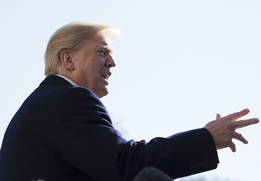 WASHINGTON, DC - DECEMBER 16:  (AFP OUT) U.S. President Donald J. Trump makes a statement to the media as he departs the White House December 16, 2017 in Washington, DC. Trump is heading for an overnight stay at Camp David,  (Photo By Chris Kleponis-Pool/Getty Images)