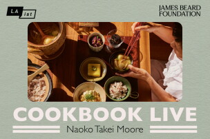 Promotional graphic for "Cookbook Live" featuring Naoko Takei Moore, presented by LAist and the James Beard Foundation. The image shows a top-down view of a person using chopsticks to eat a traditional Japanese meal served in small ceramic bowls on a wooden table, alongside a clay cooking pot.