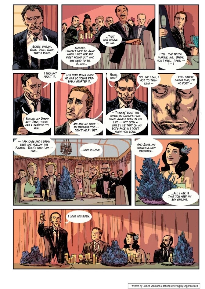 A page from the comic book anthology "Love is Love," written by James Robinson, art and letterting by Sagar Fornies.