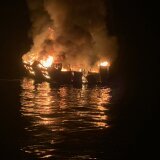 SANTA CRUZ ISLAND, CA - SEPTEMBER 2:  In this handout provided by Santa Barbara County Fire Department, the 75-foot Conception, based in Santa Barbara Harbor, burns after catching fire early September 2, 2019 anchored off Santa Cruz Island, California. Thirty-four are missing, while five crew members were rescued, according to published reports.  (Photo by Santa Barbara County Fire Department via Getty Images)