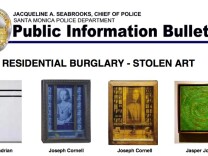 Fine art paintings by Piet Mondrian, Joseph Cornell and Jasper Johns are some of the items that police say were stolen from a Santa Monica home last week. 
