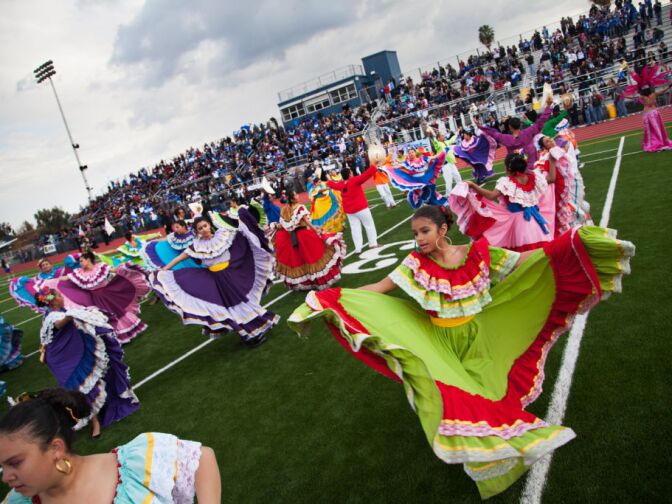 El Ballet Salvador dances at Duarte High School. The group trained for five months with El Banda Salvador for the performance at the Rose Parade.