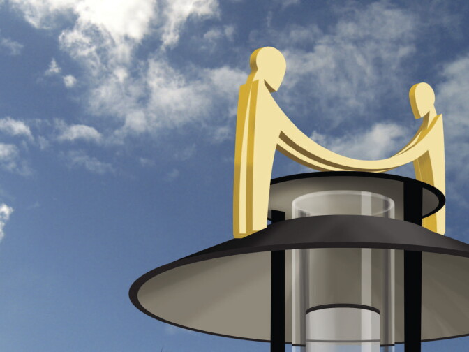 Rendering of the second street light, showing figures holding hands to create the form of a bridge which symbolizes
the relationships, connections,
and bonds that are created among diverse people.