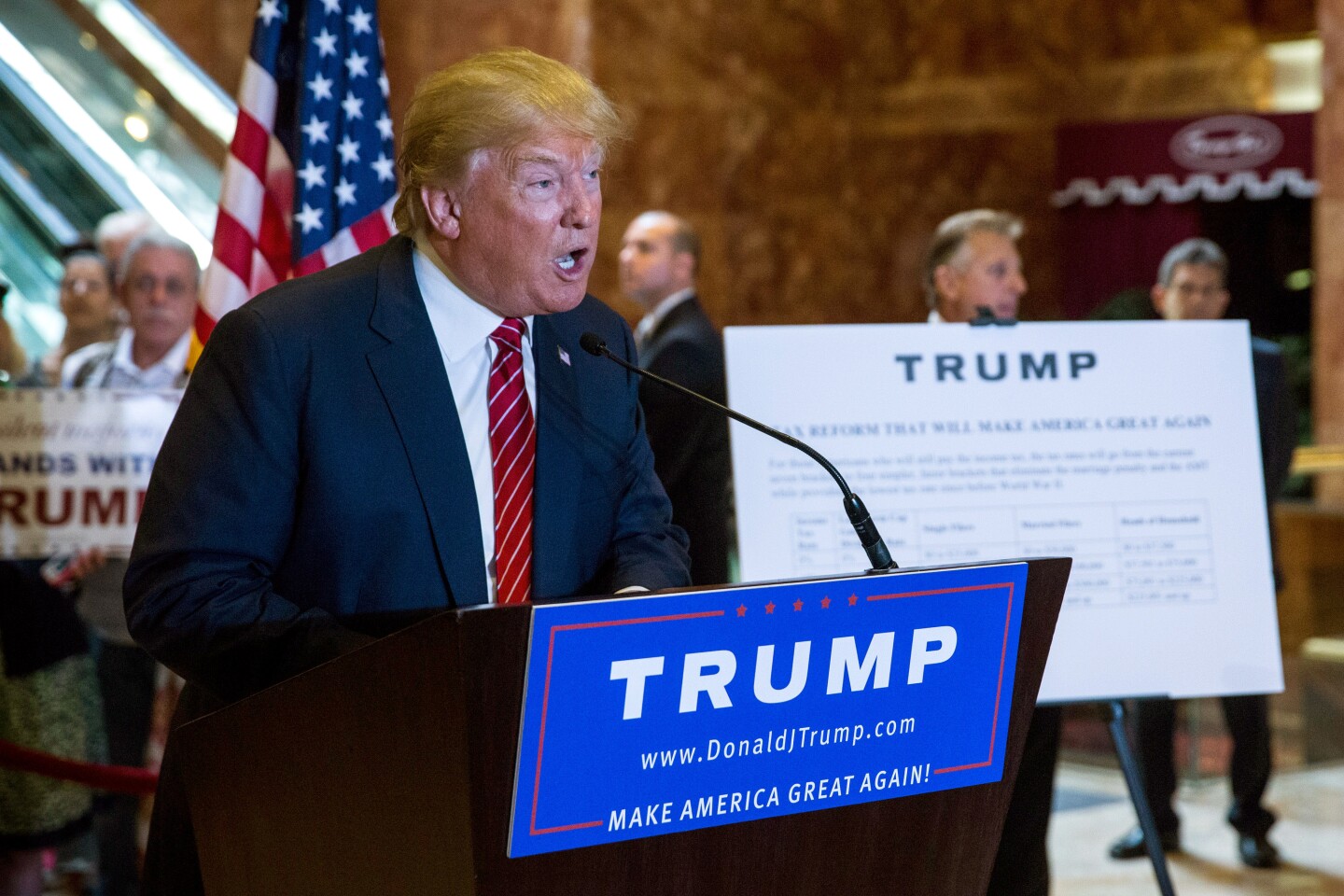 NEW YORK, NY - SEPTEMBER 28:  Republican presidential candidate Donald Trump gives a speech outlining his vision for tax reform at his skyscraper on Fifth Avenue on September 28, 2015 in New York City. Under the plan there would be four tax categories, with people earning less than $25,000 per year paying 0% tax.  (Photo by Andrew Burton/Getty Images)