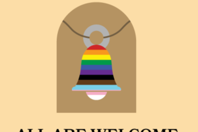 A mission-style bell in rainbow colors is depicted on a tan background. The words "San Gabriel" and "All Are Welcome" appear above and below the bell on a lighter tan background.