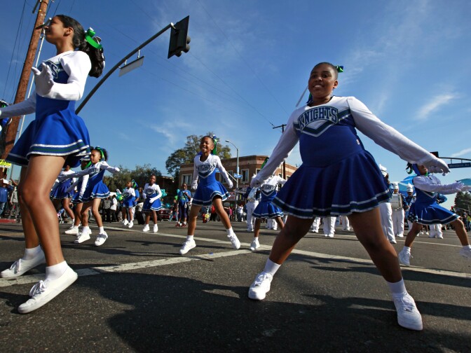 Dancers from the Marching Knights from the Frederick K.C. Price III Christian schools participate in the Martin Luther King Jr. parade in Los Angeles on Monday Jan. 20, 2014. The 29th annual Kingdom Day Parade honoring Martin Luther King Jr. was themed "Ain't Gonna Let Nobody Turn Us Round."