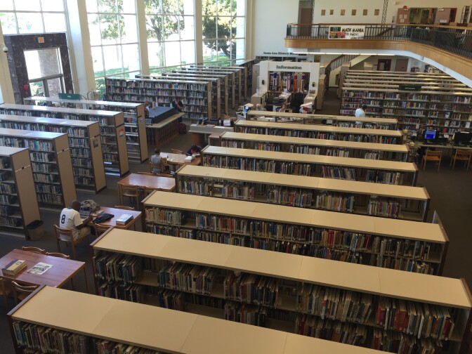 The Santa Ana Public Library will close on Friday, August 12 for two weeks to rearrange the furniture to place more desks, tables, and chairs in the center of the library where staff can keep watch on patrons, including homeless people that library staff say sometimes misbehave. The library is also upgrading its electrical system and replacing flooring. 