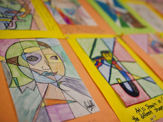 Teacher Ding-ay Tadena challenged math students at Hawthorne High School to make a Pablo Picasso-inspired cubism portrait using their knowledge of undefined terms in geometry.