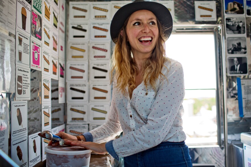 Coolhaus Co-Founder Natasha Case prepares to make an ice cream sandwich for Take Two host A Martinez.