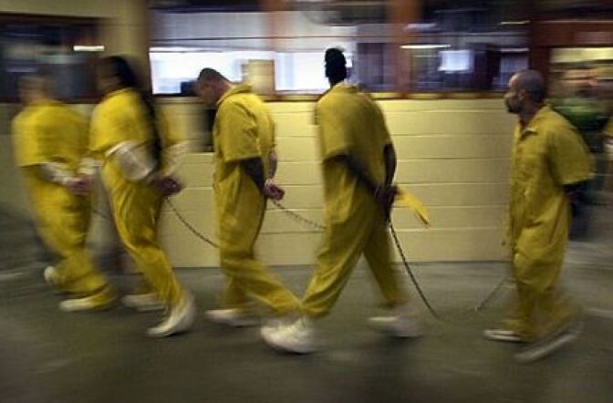 Inmates are moved at the Los Angeles County Jail
