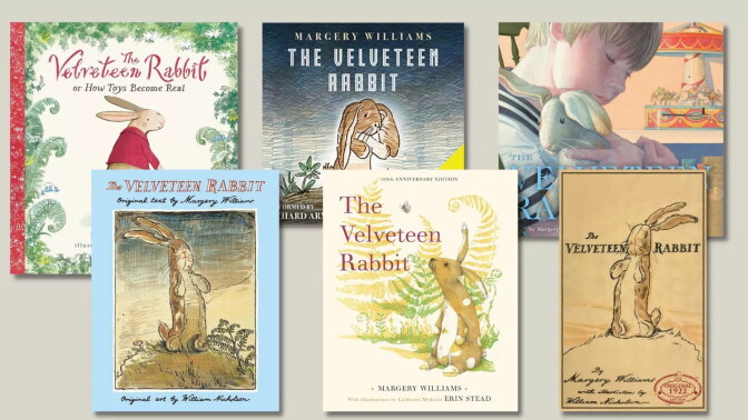 Six different covers of the children's book "The Velveteen Rabbit" are shown, most with images of the stuffed rabbit and one with an image of a small boy hugging the stuffed rabbit. 