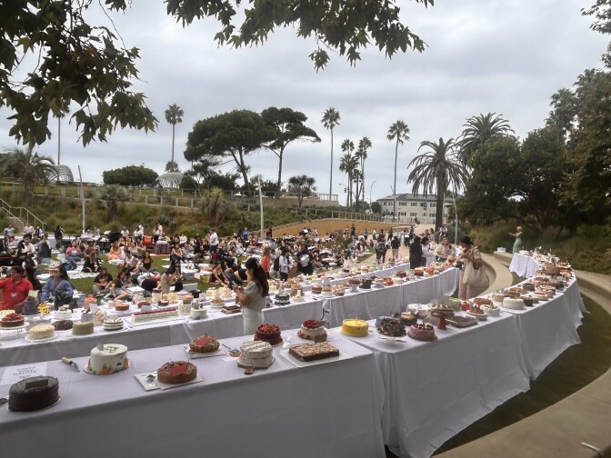 A scene with tables upon tables, all filled with cakes.
