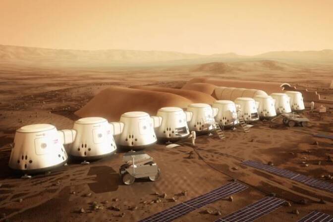 The non-profit company Mars One plans to establish the first human settlement on Mars by 2025. Pictured is an artist's rendering of a series of habitats. Solar panels (in the foreground), would supply the colony's electricity, while a system to extract water from the soil (in the background) would supply drinking water. 