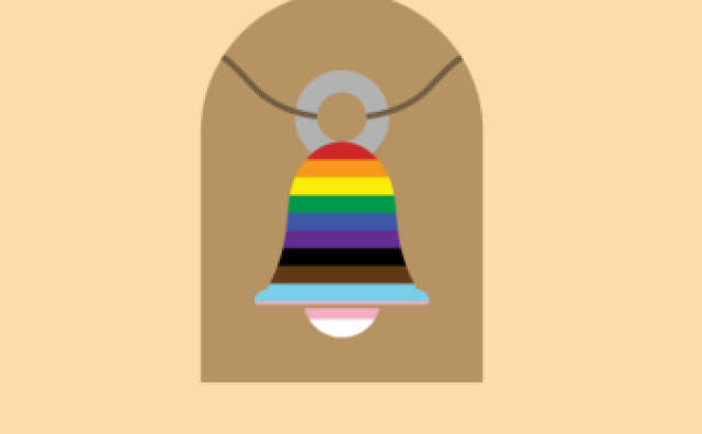 A mission-style bell in rainbow colors is depicted on a tan background. The words "San Gabriel" and "All Are Welcome" appear above and below the bell on a lighter tan background.