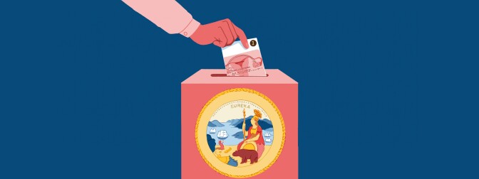 Graphic of a person's hand placing a ballot in a ballot box decorated with the California state seal; the ballot has a graphic of the California constitution and a uterus and is labeled with the number one