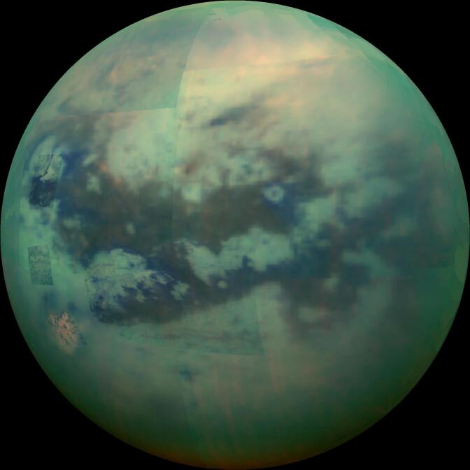 This composite image shows an infrared view of Saturn's moon Titan from NASA's Cassini spacecraft, acquired during the mission's ''T-114'' flyby on Nov. 13, 2015.