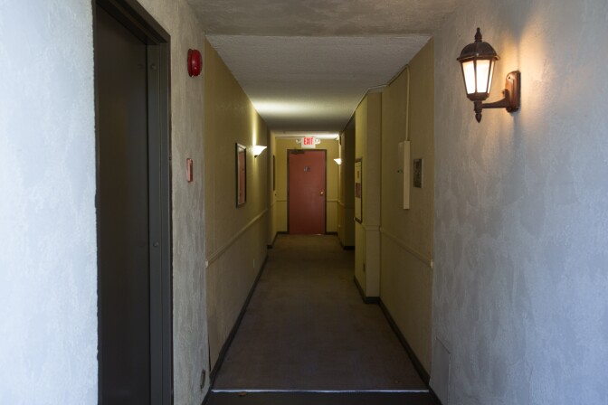 The hall at the apartment complex where Paul Anthony Ciancia lived in Los Feliz, Calif.