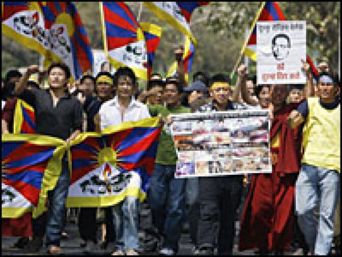 Demonstrators in New Delhi, India, shout slogans during a March 23 protest against China's recent crackdown in Tibet.