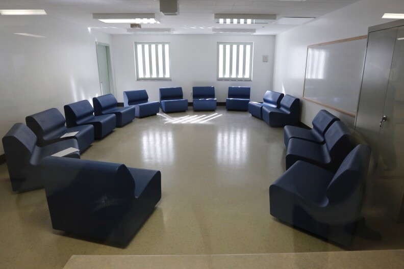 A group therapy room featuring armless, non-throwable chairs is seen at the  newly opened mental health treatment unit at the California Medical Facility in Vacaville, Calif., Thursday, Feb. 14, 2013.  The  $24 million treatment center for mentally ill inmates opened on Thursday as state corrections officials used the occasion to push for ending federal oversight of that aspect of prison operations. The 44,000-square-foot building includes rooms where inmates will undergo individual, group and recreational outpatient therapy. It will be used to treat inmates who are seriously mentally ill but are able to function without around-the-clock care.