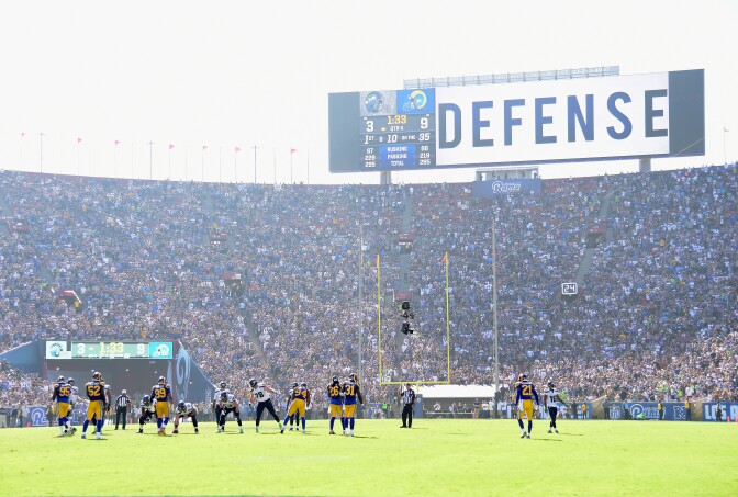A general view of the home opening NFL game as the Los Angeles Rams play the Seattle Seahawks at Los Angeles Coliseum on Sept. 18, 2016.