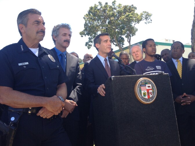 Mayor Eric Garcetti called for peaceful protests against the Trayvon Martin verdict Tuesday afternoon. He was joined by LAPD Charlie Beck (far left), City Attorney Mike Feuer, and County Supervisor Mark Ridley-Thomas (far right).