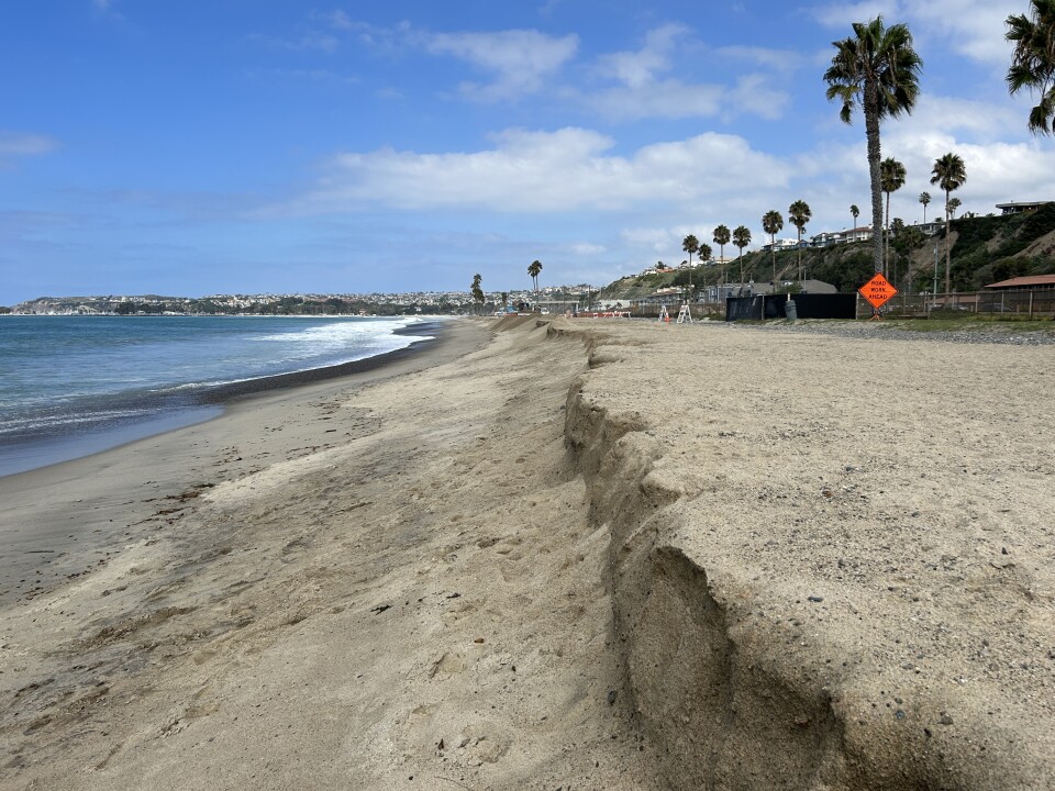 A long view of a sandy stretch of beach, where there's a dramatic fall off in the sand, a sign of how much erosion has taken place here. 