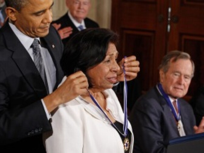 President Barack Obama presents human rights activist Sylvia Mendez with the 2010 Medal of Freedom in the East Room of the White Houseon on Feb. 15, 2011 in Washington, DC. Obama presented the medal to 12 pioneers in human rights, sports, labor, politics and arts. 