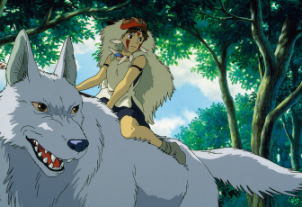 Princess Mononoke sits on top of a giant white wolf in a lush green forest. Mononoke wears a face mask pulled up, sitting on top of her head to reveal her face. The mask is a red, abstract face with a long white fur coal attached that reaches down to Mononoke's waist. She also wears a tooth necklace and holds a long spear. Red face paint creates three triangles on her face, one small one on her forehead, and two larger ones under her eyes covering her cheeks. 