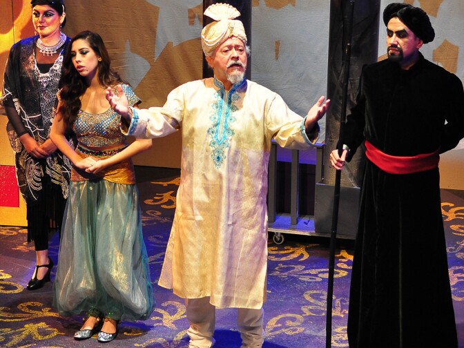 Rosa Navarrete as Rajah, Sarah Kennedy as Princess Jasmín, Henry Madrid as the Sultan, and Luis Marquez as Jafar in "Aladdin, Dual Language Edition" playing at Casa 0101 theater.