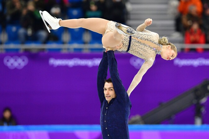 Alexa Scimeca Knierim and Chris Knierim compete in the figure skating team event pair skating short program during the Pyeongchang 2018 Winter Olympic Games on February 9, 2018.