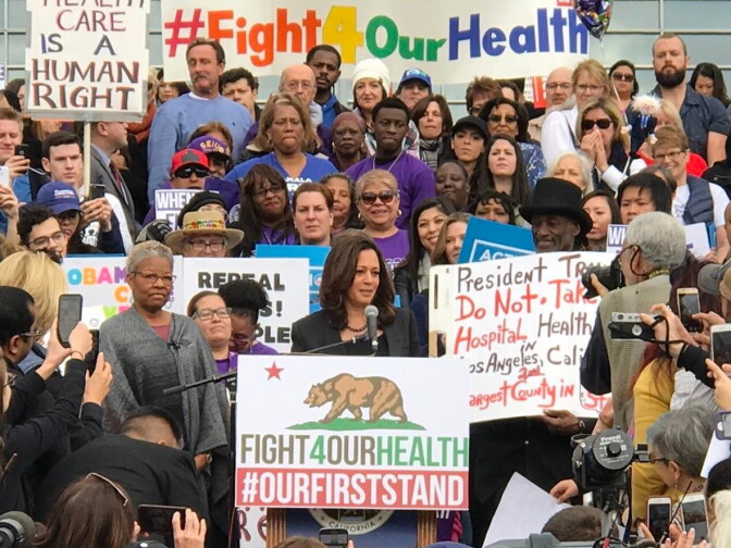 Kamala Harris speaks to a crowd outside the Los Angeles County/USC Medical Center on Sunday Jan. 15, 2017.