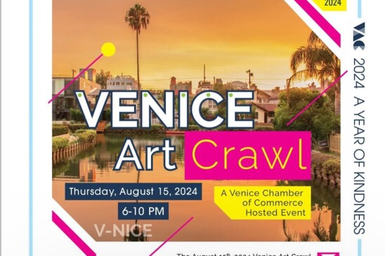 Flyer of Venice Art crawl with white and yellow words over a sunset picture.