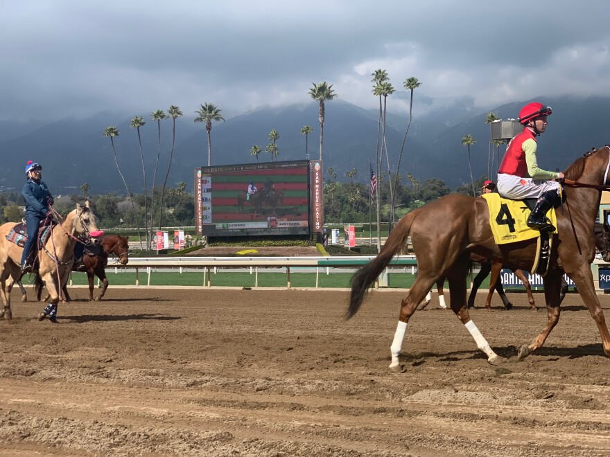 Jockeys and horses prepare for the first races of the afternoon at Santa Anita Park.