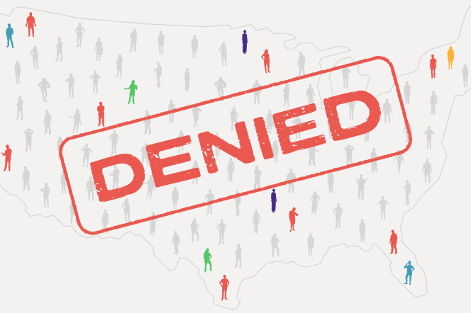 A sketch outline of the U.S. is stamped "DENIED" and features human figures in gray and bright colors.