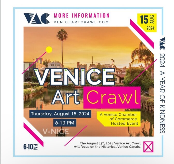 Flyer of Venice Art crawl with white and yellow words over a sunset picture.
