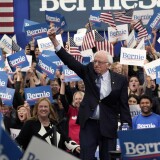 MANCHESTER, NEW HAMPSHIRE - FEBRUARY 11: Democratic presidential candidate Sen. Bernie Sanders (I-VT) takes the stage with his spouse Jane O'Meara Sanders during a primary night event on February 11, 2020 in Manchester, New Hampshire. New Hampshire voters cast their ballots today in the first-in-the-nation presidential primary. (Photo by Drew Angerer/Getty Images)