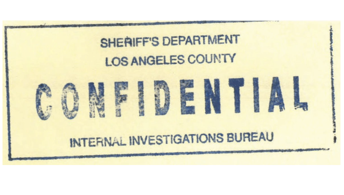 Image shows a beige label that reads: Sheriff's Department Los Angeles County CONFIDENTIAL INTERNAL INVESTIGATIONS BUREAU