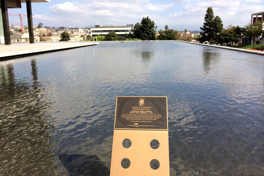 File: The Reflecting Pool surrounds the Los Angeles Department of Water and Power's headquarters in downtown Los Angeles.