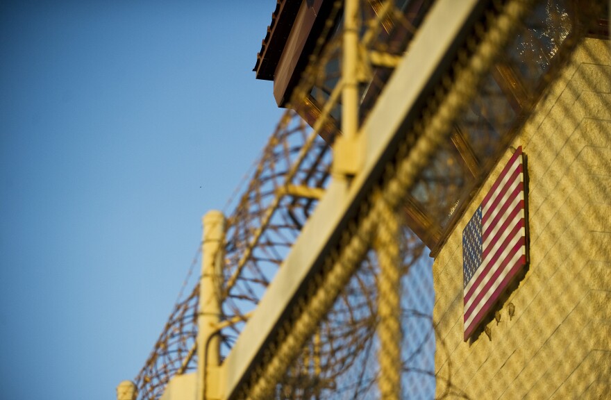 This image reviewed by the US military shows the guard tower at the front gate of "Camp Five" and "Camp Six" detention facility of the Joint Detention Group at the US Naval Station in Guantanamo Bay, Cuba, January 19, 2012.