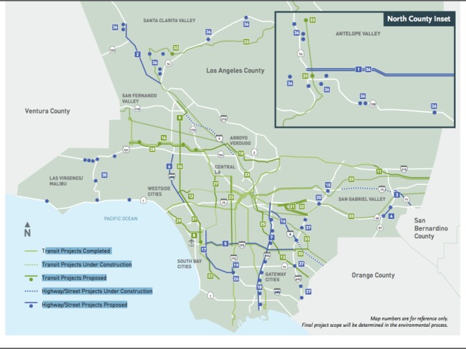 A Metro map shows major highway and transit projects that would be built if Measure M passes.