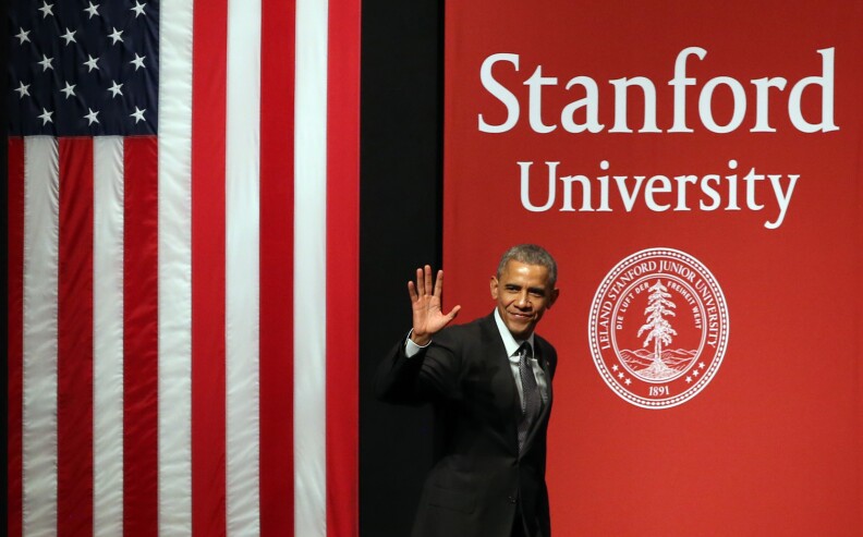STANFORD, CA - FEBRUARY 13:  U.S. President Barack Obama waves as he arrives at the White House Summit on Cybersecurity and Consumer Protection on February 13, 2015 in Stanford, California. President Obama joined corporate CEOs to speak about the imporatance of cybersecurity during the White House Summit on Cybersecurity and Consumer Protection. (Photo by Justin Sullivan/Getty Images)